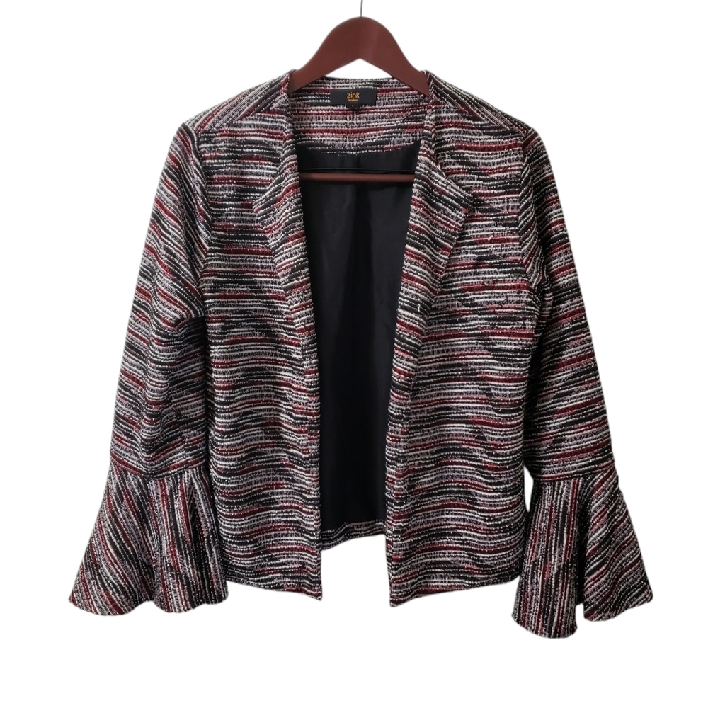 Zink London Retro 100% Woolen Jacket Large Textured‎ Bell Sleeve Open Front Red